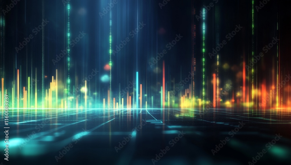 Poster Abstract digital landscape with glowing lines and particles.