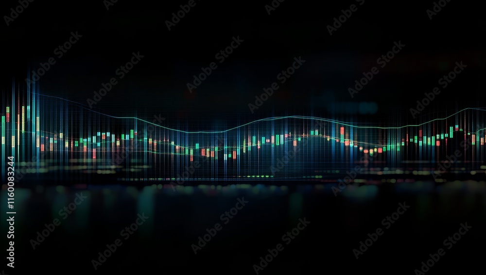 Poster Abstract financial data visualization with glowing candlestick charts on dark background.