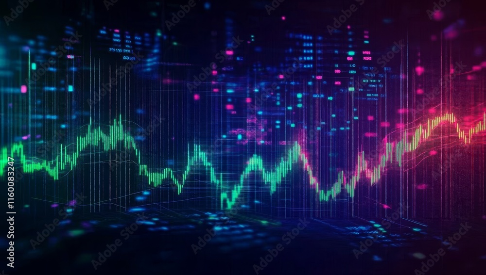 Poster Abstract financial data visualization with vibrant neon graphs and digital city backdrop.