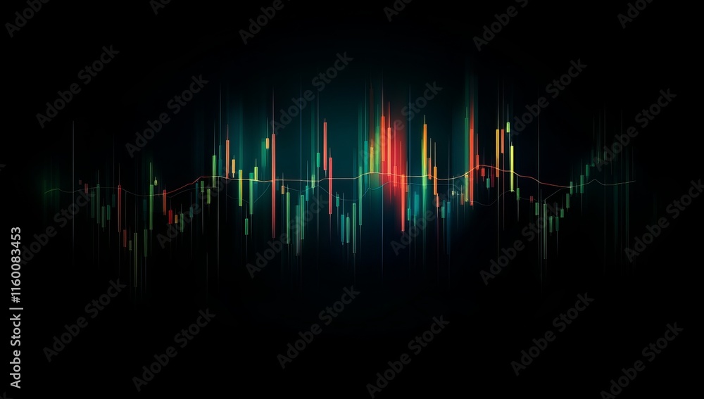 Poster Abstract financial chart with colorful candlestick patterns on dark background.