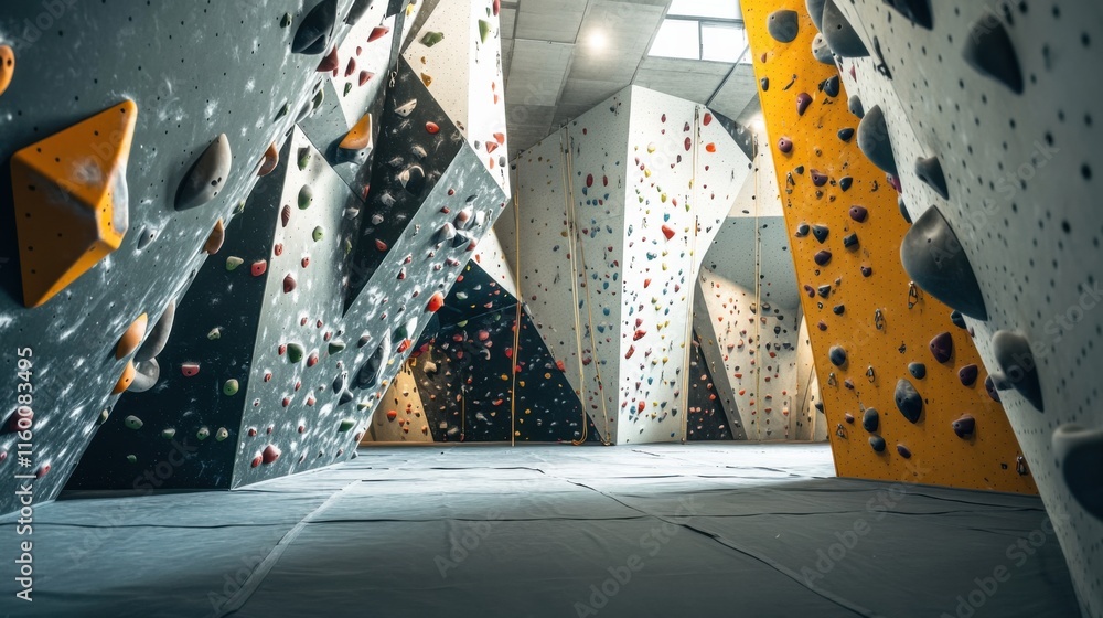 Poster a vibrant rock climbing gym with climbing gear and challenging routes, climbing tools and dynamic cl