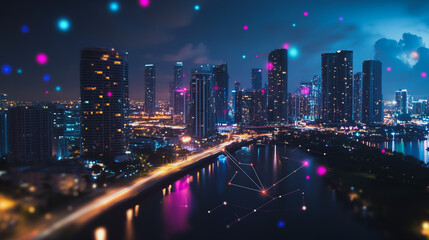 Fototapeta premium abstract professional business team people innovation connection of line from nail node to node on Smart Innovation city with connection cyber security network reciprocity , networking concept