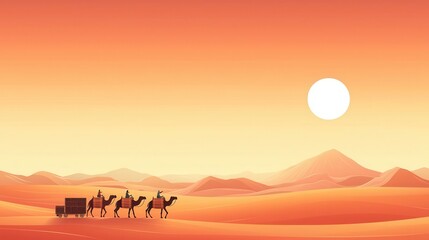Camel caravan traveling under a desert sunset with travel chests, animal travel, iconic desert trek