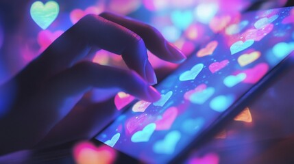 Hand interacting with colorful heart icons on a digital screen.