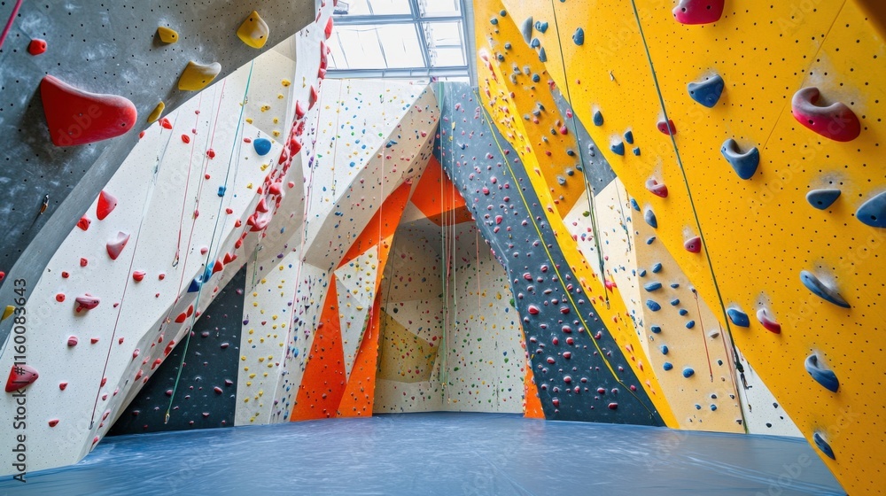 Poster a vibrant rock climbing gym with climbing gear and challenging routes, climbing tools and dynamic cl