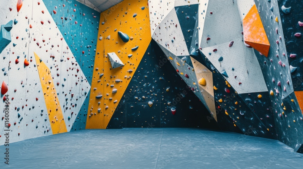 Poster a vibrant rock climbing gym with climbing gear and challenging routes, climbing tools and dynamic cl