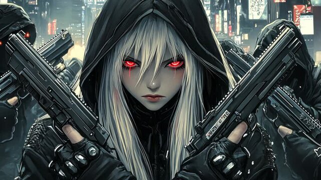 Anime girl with long white hair and red eyes in a black hood, she is holding multiple guns, surrounded by henchmen wearing dark , cyberpunk city background, in the style of anime, 