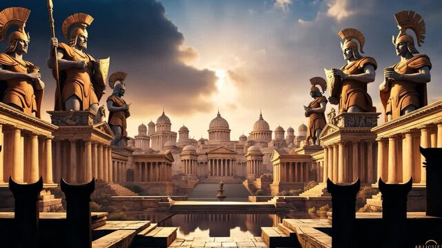 Video footage of grand ancient cityscape with towering statues of warriors, majestic domes, and intricate architecture under a dramatic sky, reflecting a blend of power and artistry