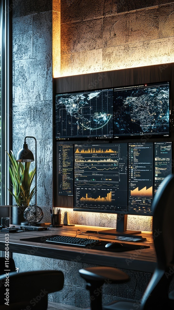 Poster modern workspace with data visualization on multiple screens