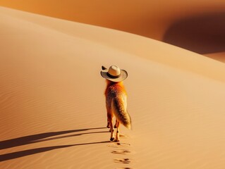 Obraz premium Desert fox with a travelers hat walking across the dunes, animal travel, adventurous and cunning