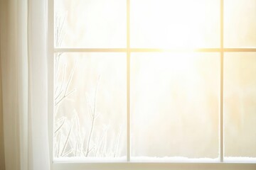 Warm sunlight streaming through a snowy window, illuminating delicate ice patterns and adding a cozy ambiance to a winter day indoors, creating a serene atmosphere.