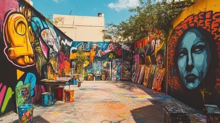 A vibrant street art festival with graffiti artworks and artistic displays, Urban art installations and spray paint set up for creative expression, Classic photo of