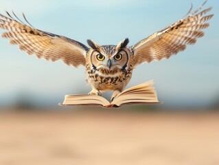 Fototapeta premium Owl flying over a desert campsite with a travel journal in its talons, animal travel, documenting the journey