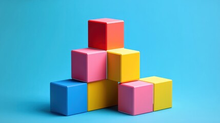 Obraz premium Colorful Cubes Stacked in a Pyramid Shape Against a Light Blue Background