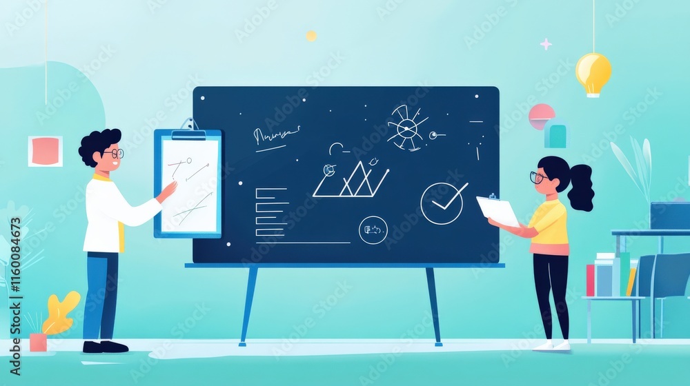 Poster engaging classroom scene featuring diverse students presenting ideas and concepts on an interactive 