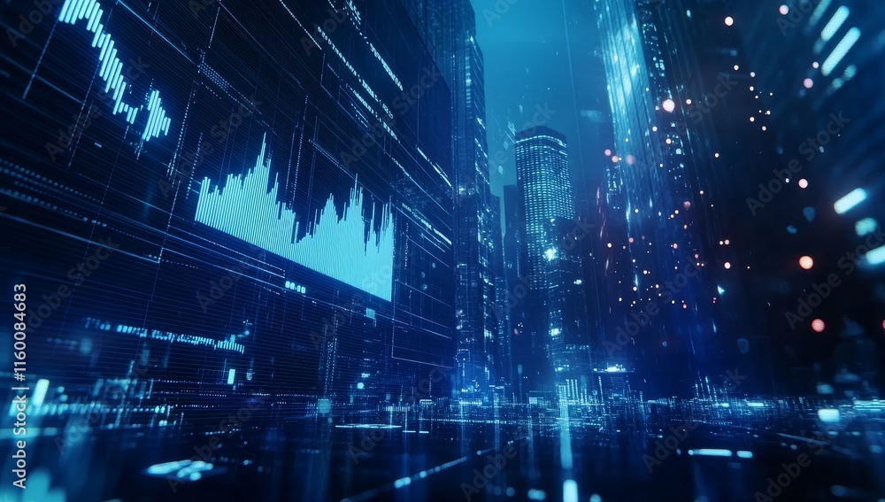 Poster futuristic city street with digital data and graphs.