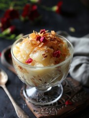 Delicious Creamy Coconut Pineapple Dessert with Toasted Coconut Flakes and Rose Petals