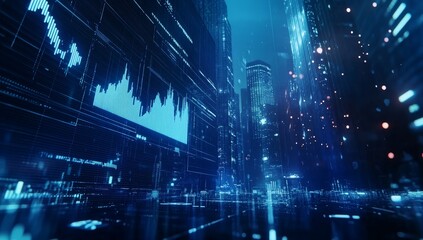 Fototapeta premium Futuristic city street with digital data and graphs.