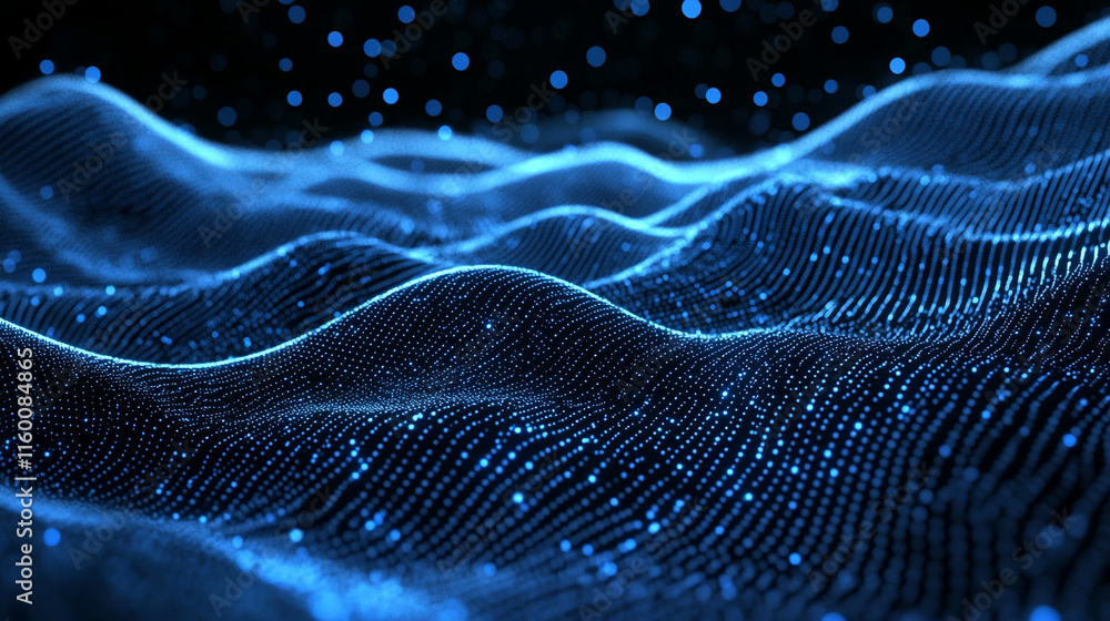 Poster the sparkling abyss: a journey through abstract digital fluidity. illuminated waves with scattered p