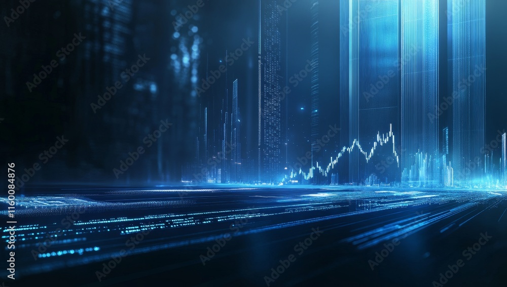 Poster futuristic cityscape with digital data and stock market graph.