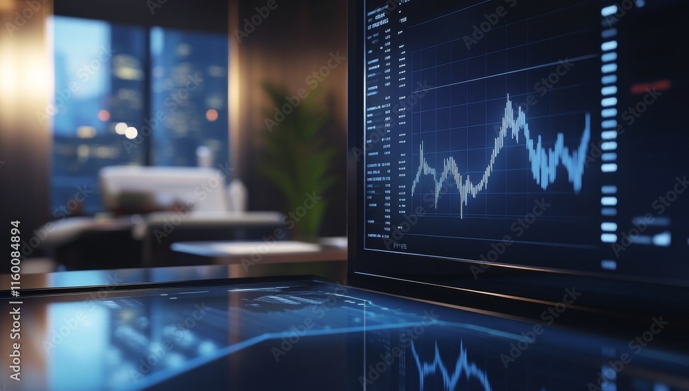 Poster stock market data displayed on a computer screen in a modern office at night.