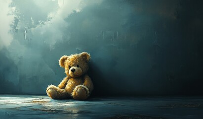 Lonely teddy bear sits on floor against a dark wall.