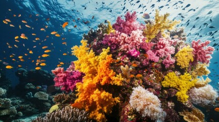 Obraz premium A vibrant underwater dive scene, Colorful coral reefs teeming with marine life, Marine documentary style