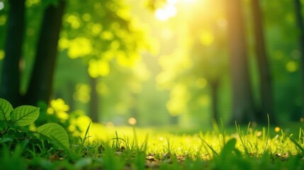 Obraz premium Serene Sunlight Illuminating Lush Green Foliage and Grass in a Peaceful Woodland Setting