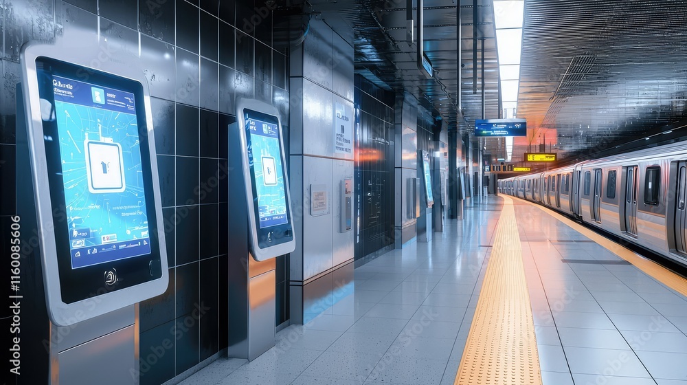 Poster modern subway station with digital displays and empty platform space