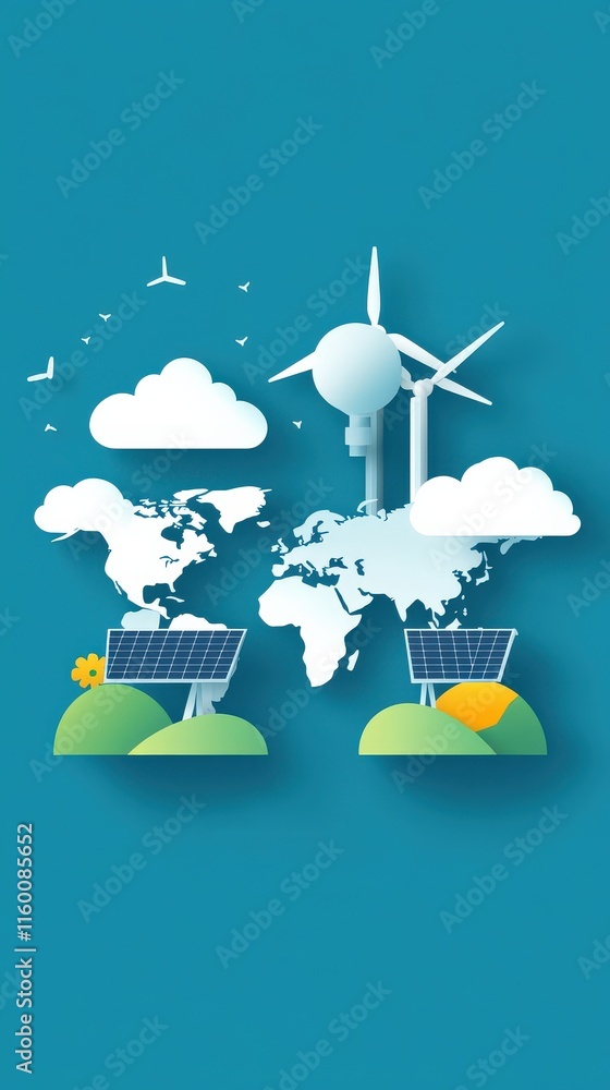 Poster visual representation of sustainable energy concepts featuring renewable sources like solar and wind