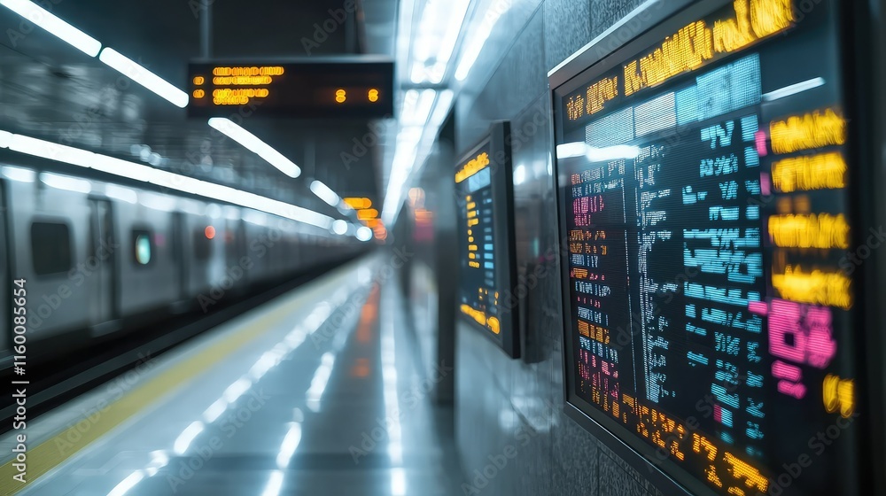 Poster digital display boards at modern subway station with empty platform
