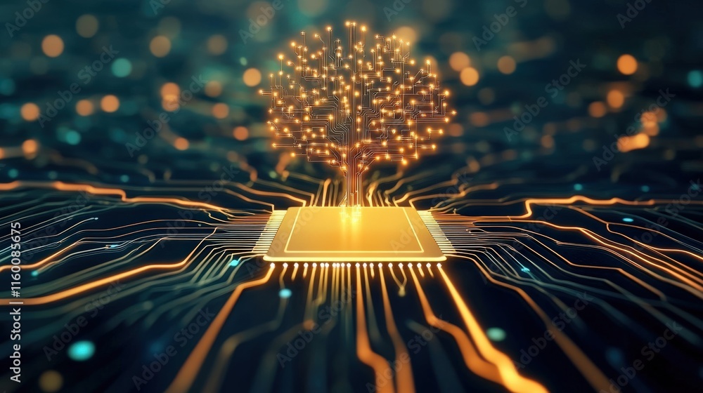 Poster abstract visualization of a tree growing from a microchip, symbolizing technology, nature, and digit
