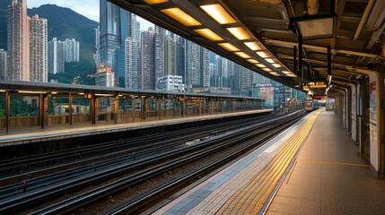 Urban Train Station Platform with City Skyline in Background