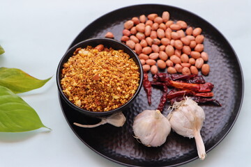 Shengdana chutney, Dry peanut garlic chutney made from red chilly and groundnut and garlic which is famous in maharashtra, spicy peanut crunch, Indian traditional food