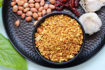 Shengdana chutney, Dry peanut garlic chutney made from red chilly and groundnut and garlic which is famous in maharashtra, spicy peanut crunch, Indian traditional food