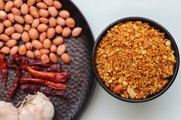 Shengdana chutney, Dry peanut garlic chutney made from red chilly and groundnut and garlic which is famous in maharashtra, spicy peanut crunch, Indian traditional food