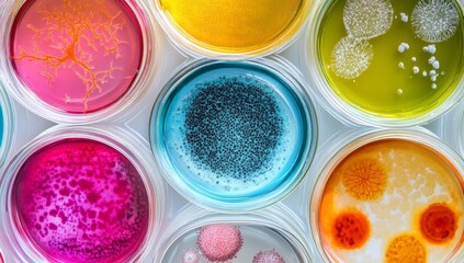 Colorful petri dishes with various bacteria and fungi cultures. (2)