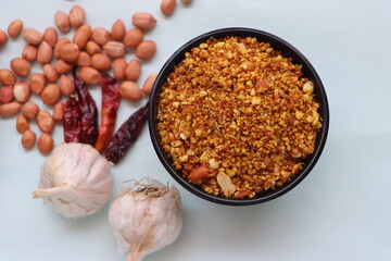 Shengdana chutney, Dry peanut garlic chutney made from red chilly and groundnut and garlic which is famous in maharashtra, spicy peanut crunch, Indian traditional food