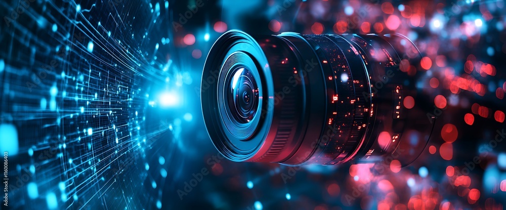 Poster a close-up of a camera lens surrounded by digital data and colorful lights.