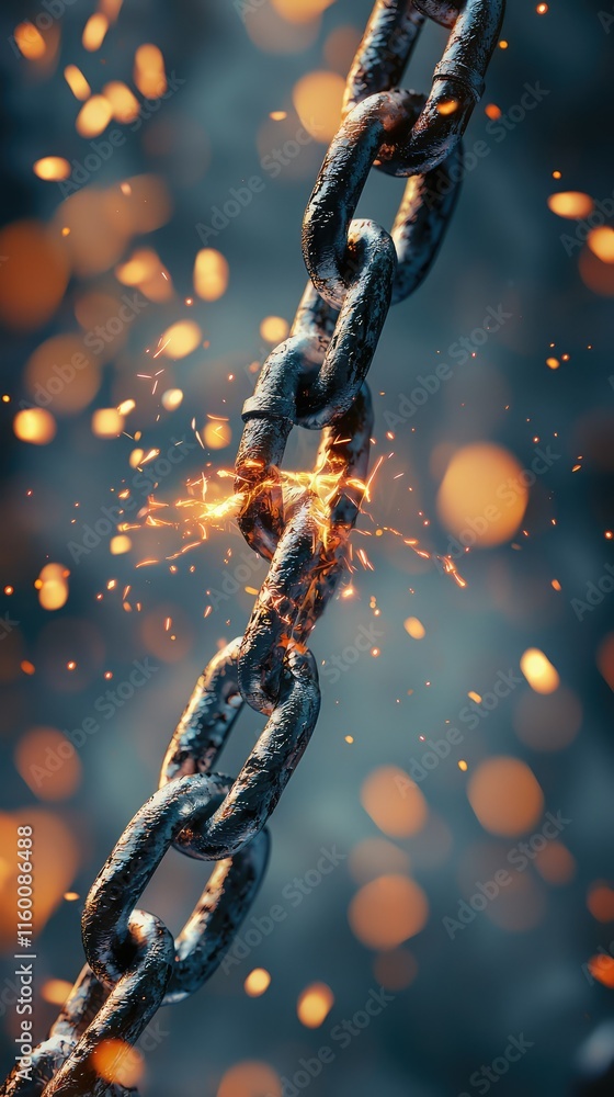 Poster sparks erupting from breaking chain link with blurred background