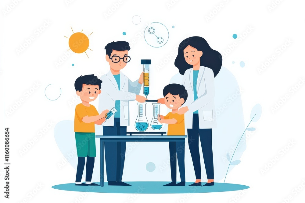 Poster educators engaging children in science experimentation activities with test tubes and beakers in a c
