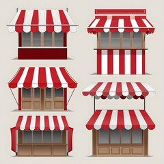 Realistic Striped Awnings Set - Red and White Tents Clipart