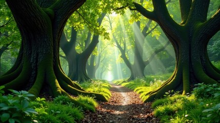 Sunlit Path Through a Mystical Forest of Ancient Trees with Lush Undergrowth and Mossy Roots