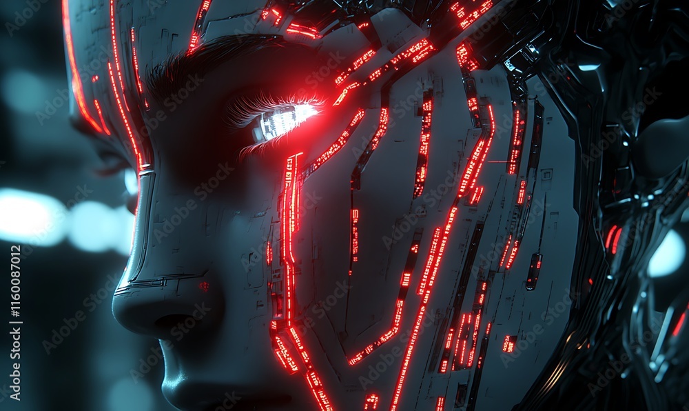 Poster a close-up of a futuristic robotic face with glowing red circuitry.