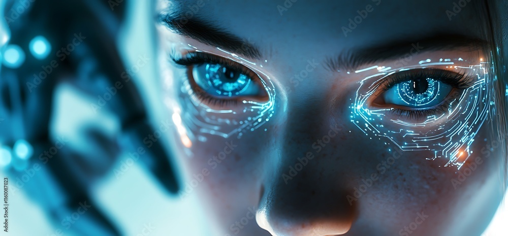 Poster a close-up of a futuristic face with glowing circuitry and a robotic hand.