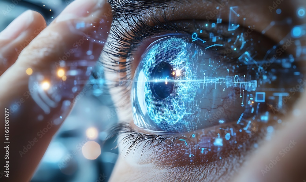 Poster a close-up of a futuristic eye with digital elements representing technology.