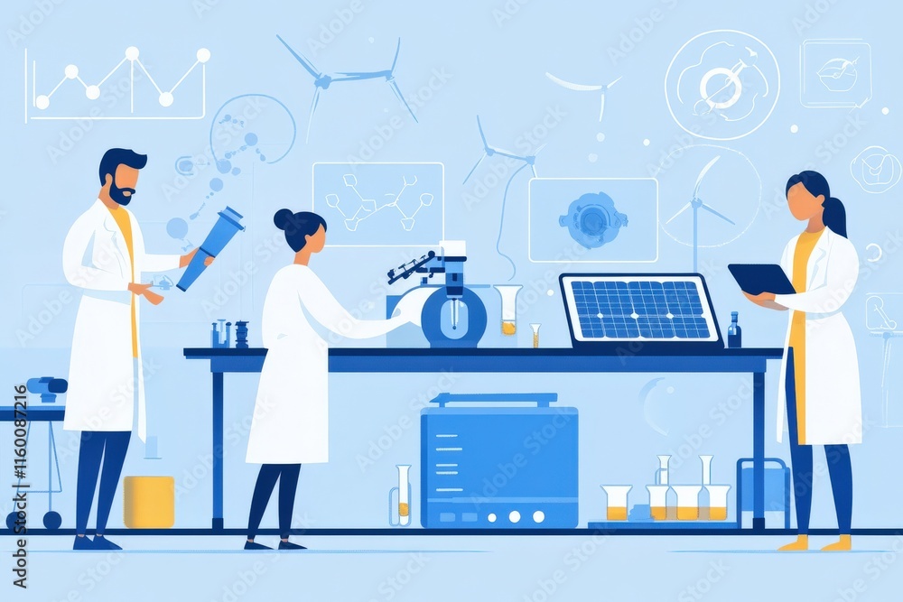 Poster scientists conducting experiments in a modern laboratory environment with advanced technology and eq