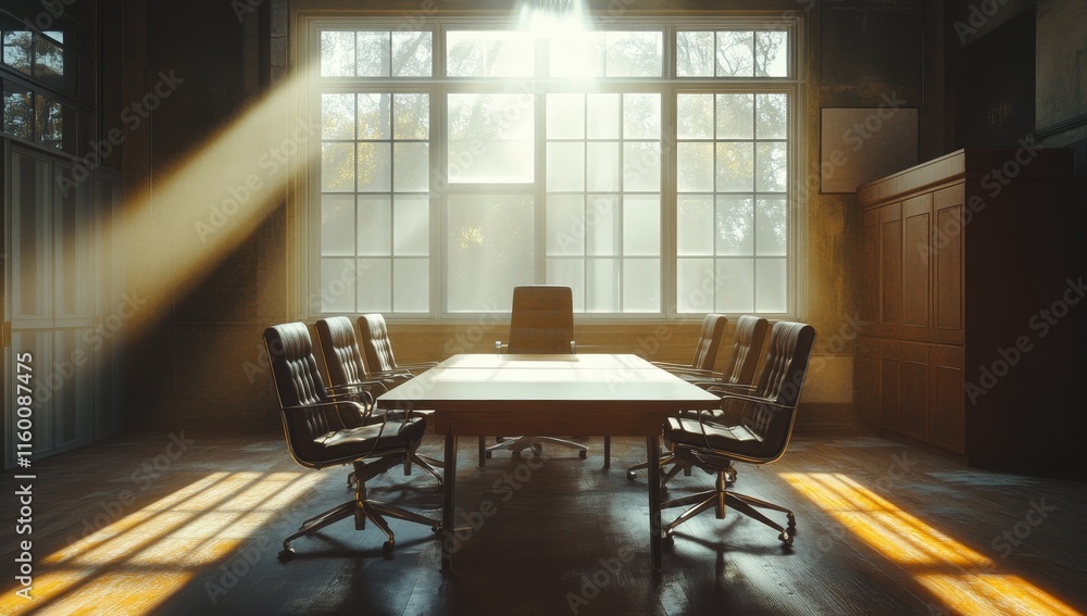 Aufkleber sunlit empty conference room with large window and wooden table.