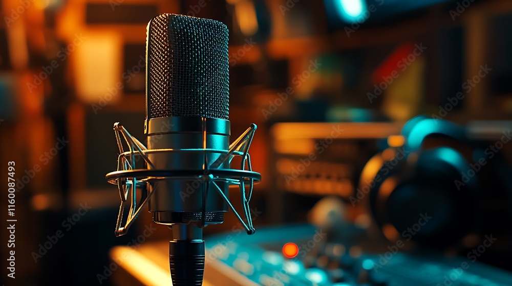 Poster a close-up of a microphone in a recording studio setting.