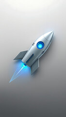 A futuristic rocket icon with a glowing engine trail and sleek, metallic design, set on a plain gray background. Ideal for space exploration or engineering themes.
